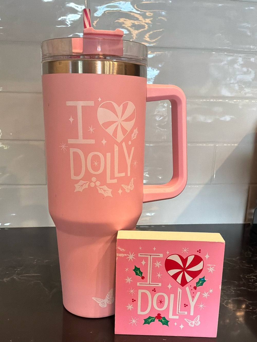 I Heart Dolly 40 oz. Travel Mug with Handle and Shelf Plaque